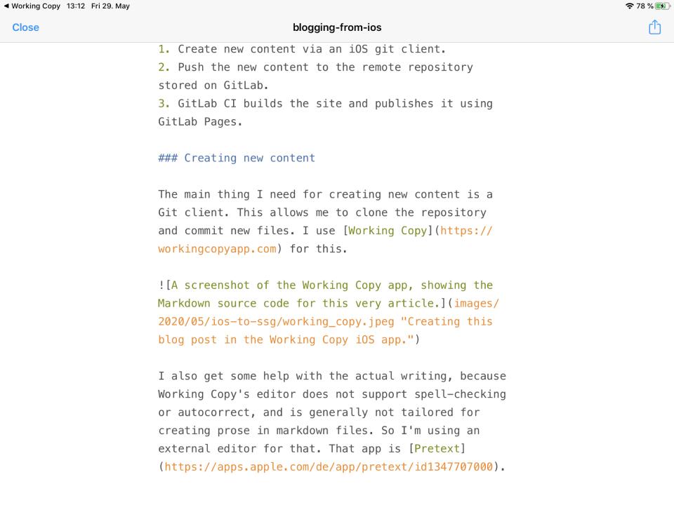 A screenshot of the Pretext app, showing the Markdown source of this article.