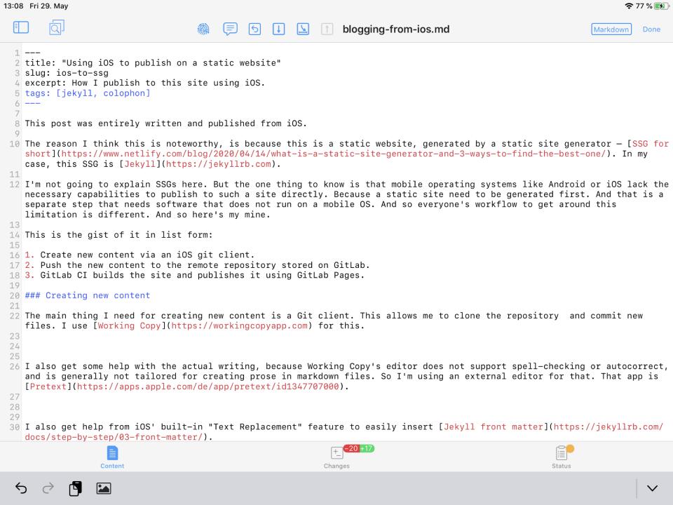 A screenshot of the Working Copy app, showing the Markdown source code for this very article.