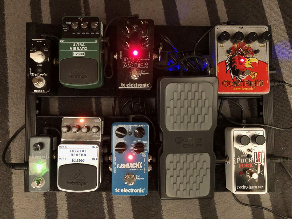 Top-down view of my pedalboard with the settings for the solo part dialed in.